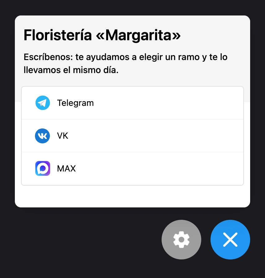 Widget en un sitio web: título, descripción y enlaces a apps de mensajería