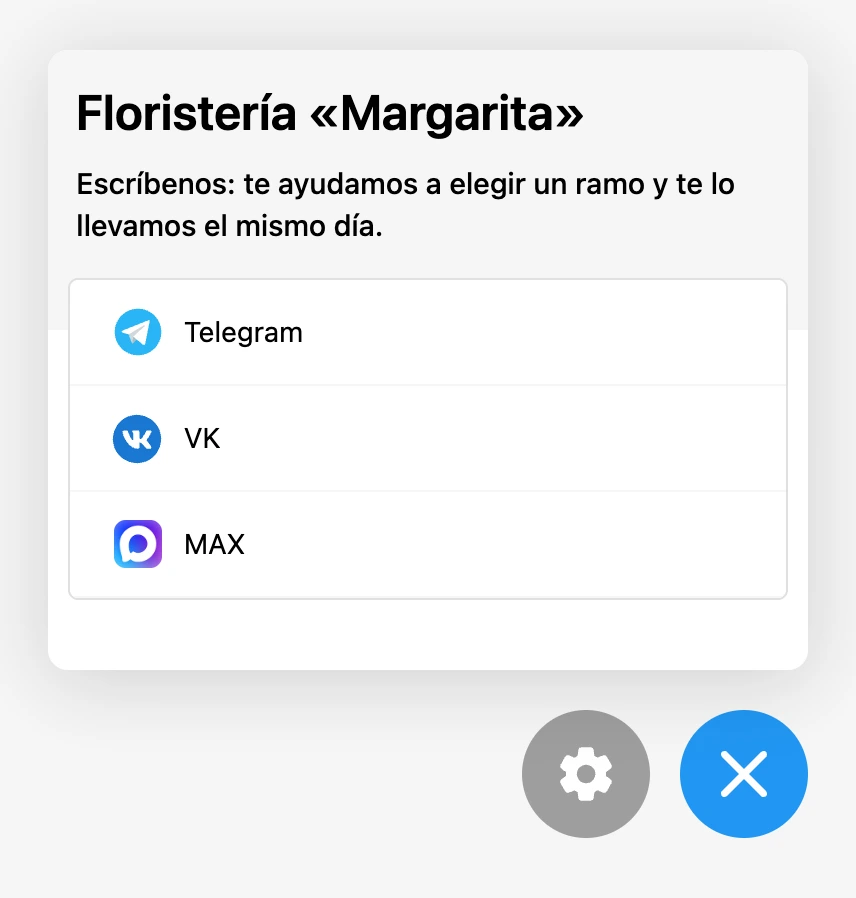 Widget en un sitio web: título, descripción y enlaces a apps de mensajería