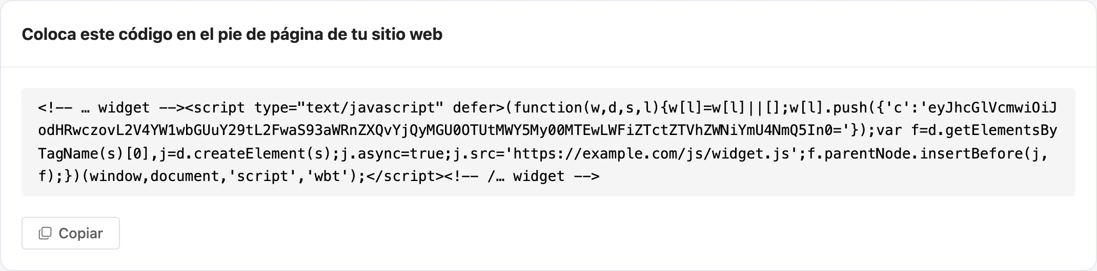 Código del widget para el sitio web y el botón Copiar