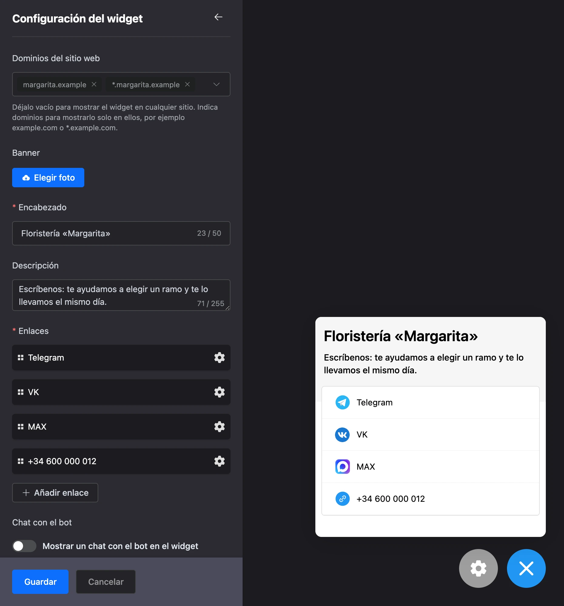 El panel «Configuración del widget» junto al widget