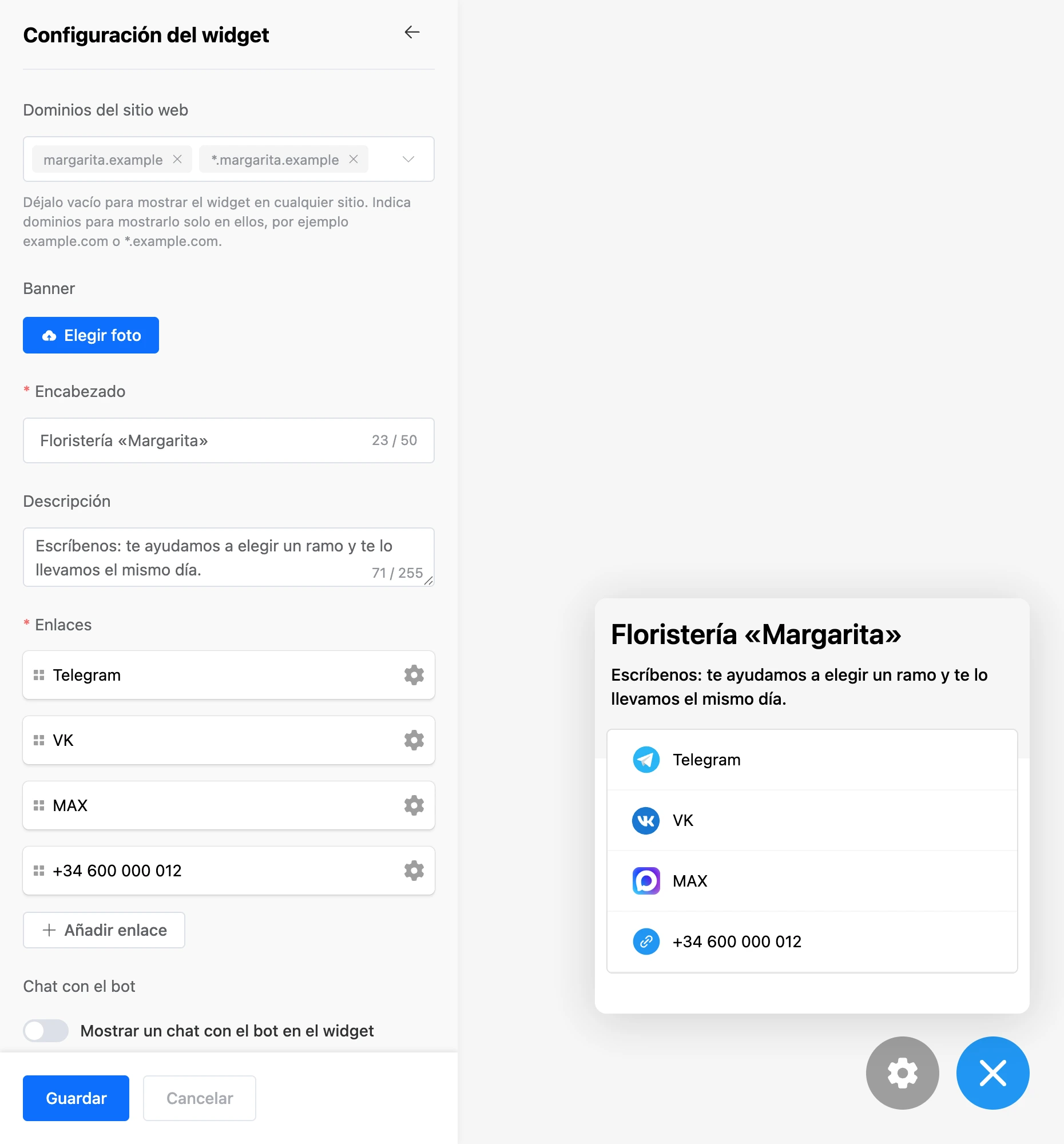 El panel «Configuración del widget» junto al widget