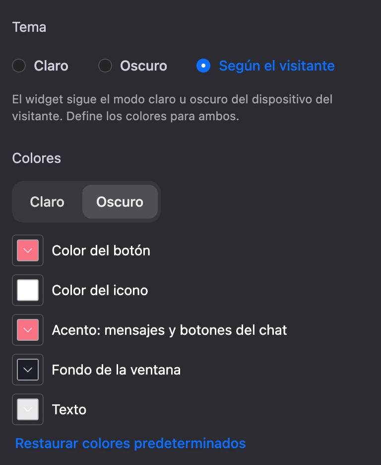 Los ajustes «Nota al pie», «Tema» y «Colores»