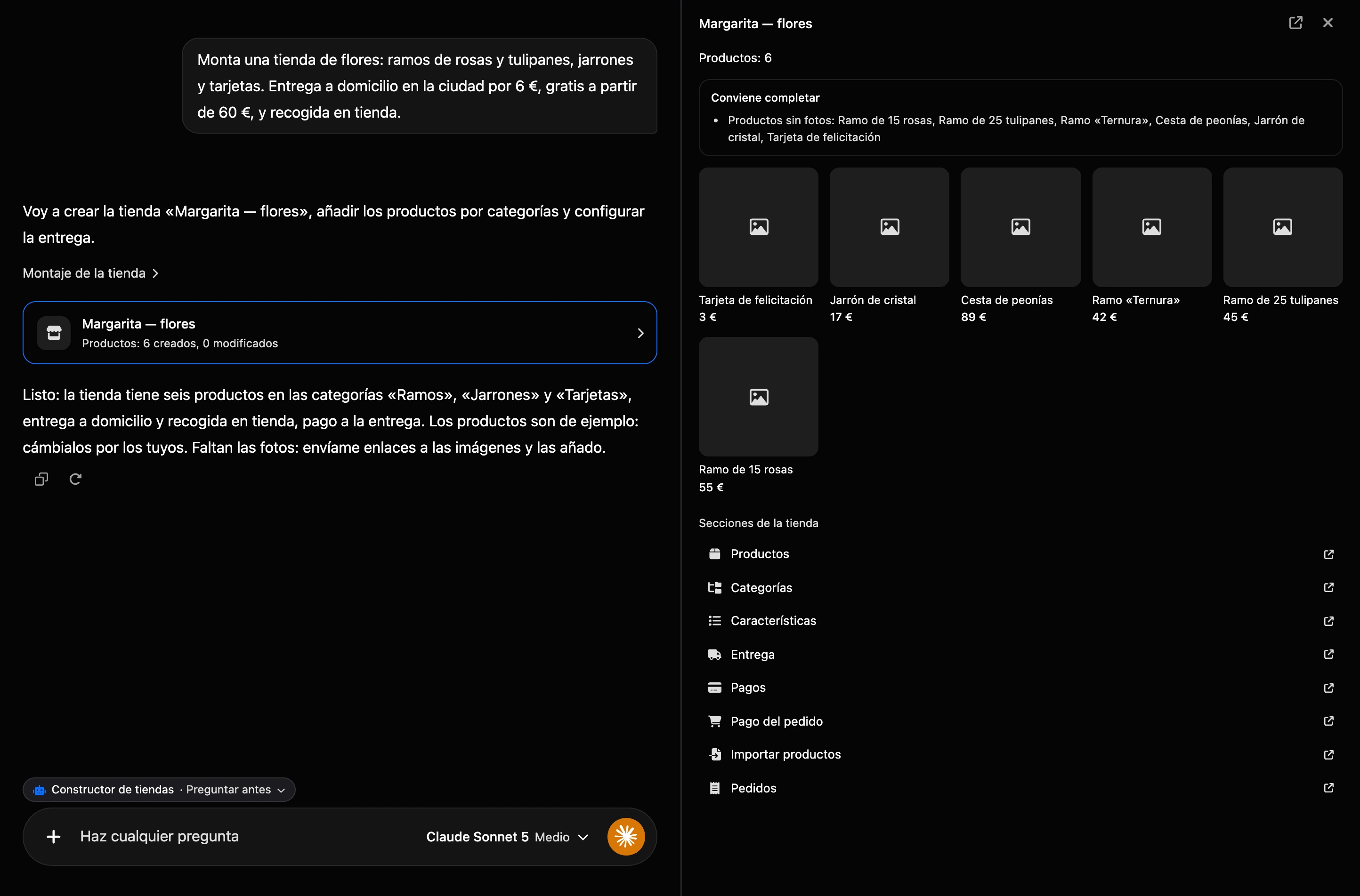 Creación en el chat de IA: la tarjeta de la tienda en la conversación y el panel de la tienda a la derecha