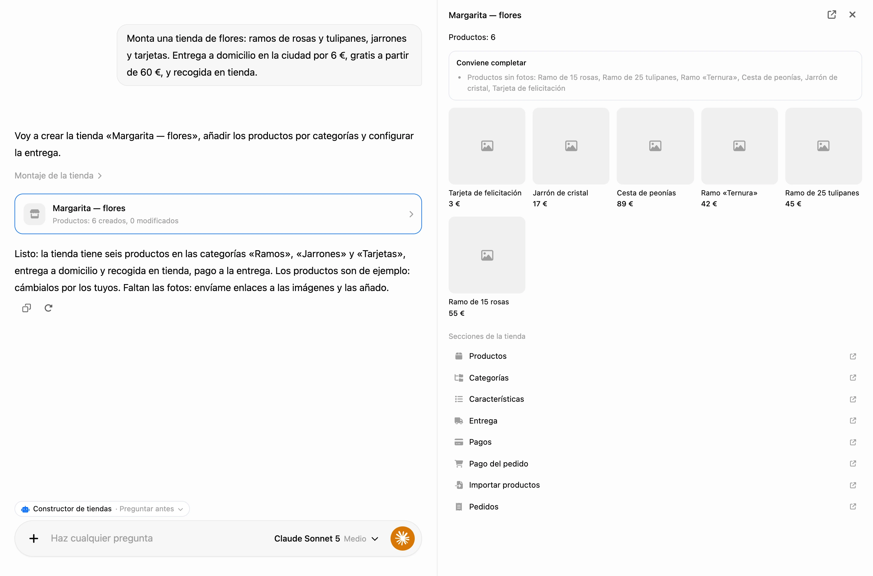 Creación en el chat de IA: la tarjeta de la tienda en la conversación y el panel de la tienda a la derecha