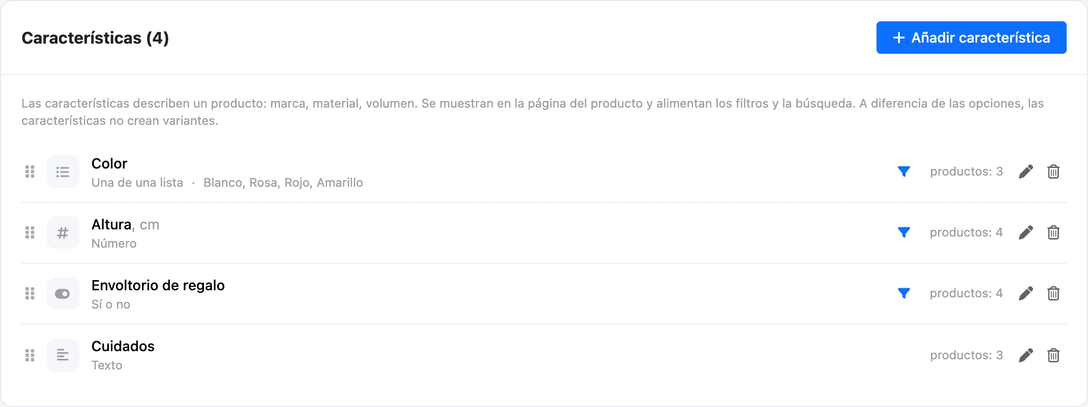 Lista de características