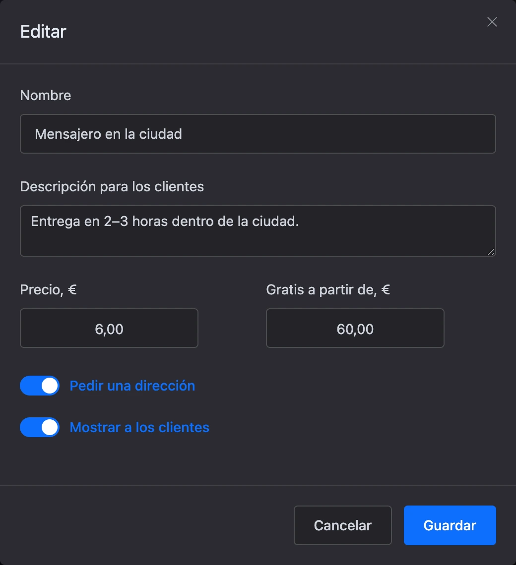 Ventana del método de entrega