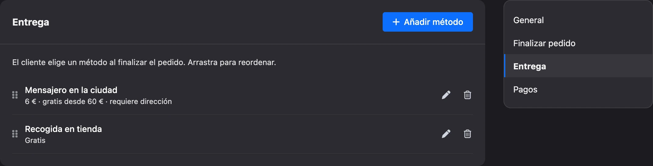 Métodos de entrega de la tienda