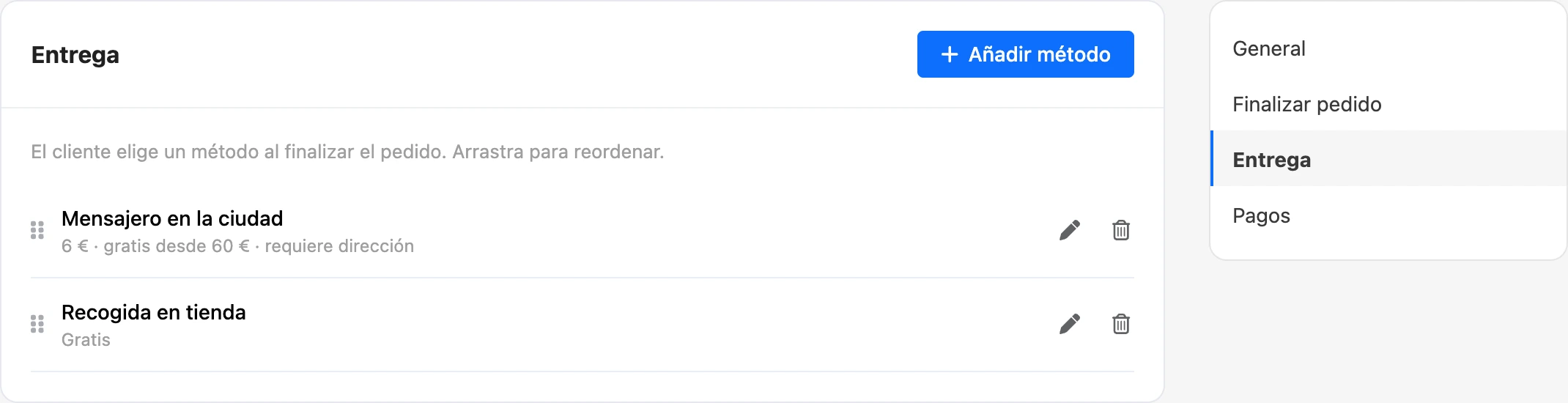 Métodos de entrega de la tienda