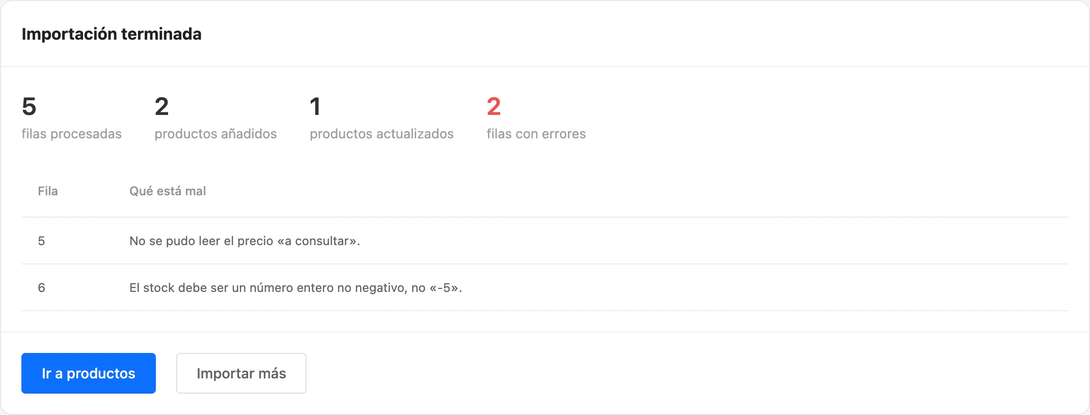 Resultado de la importación: contadores y filas con errores