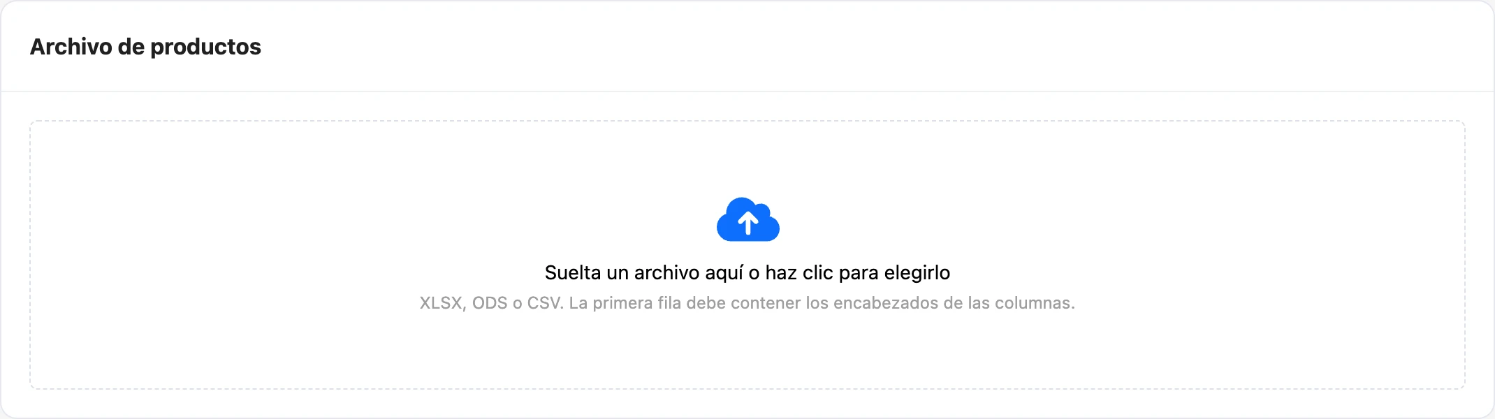 Subida del archivo de productos