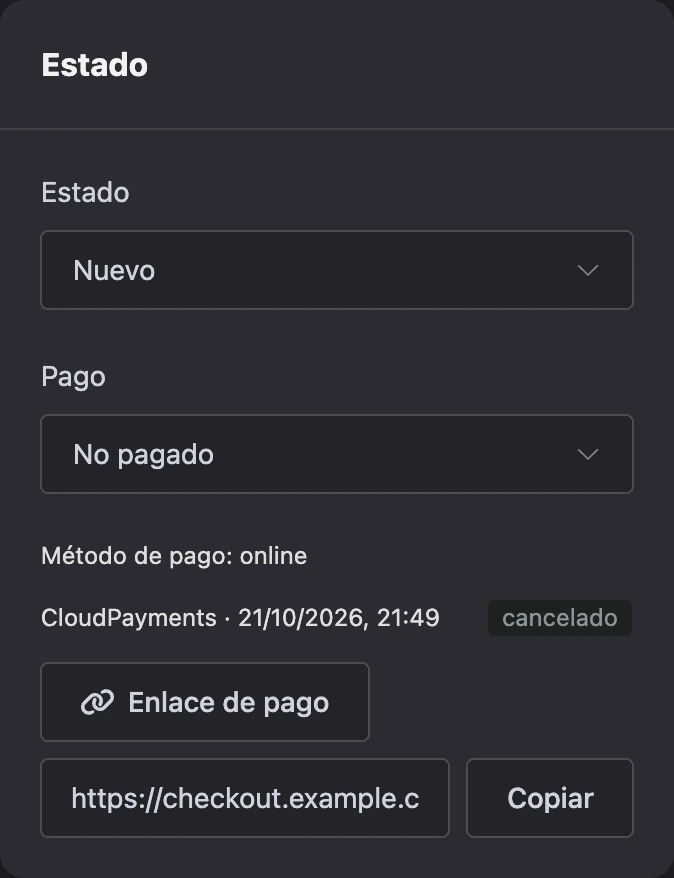 Enlace de pago e intento de pago en la ficha del pedido