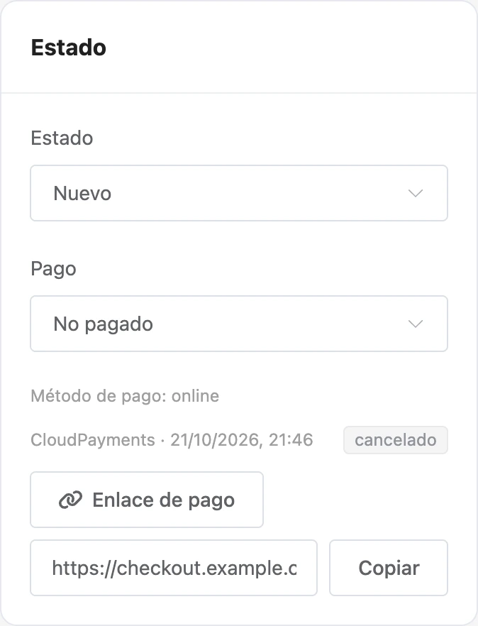 Enlace de pago e intento de pago en la ficha del pedido