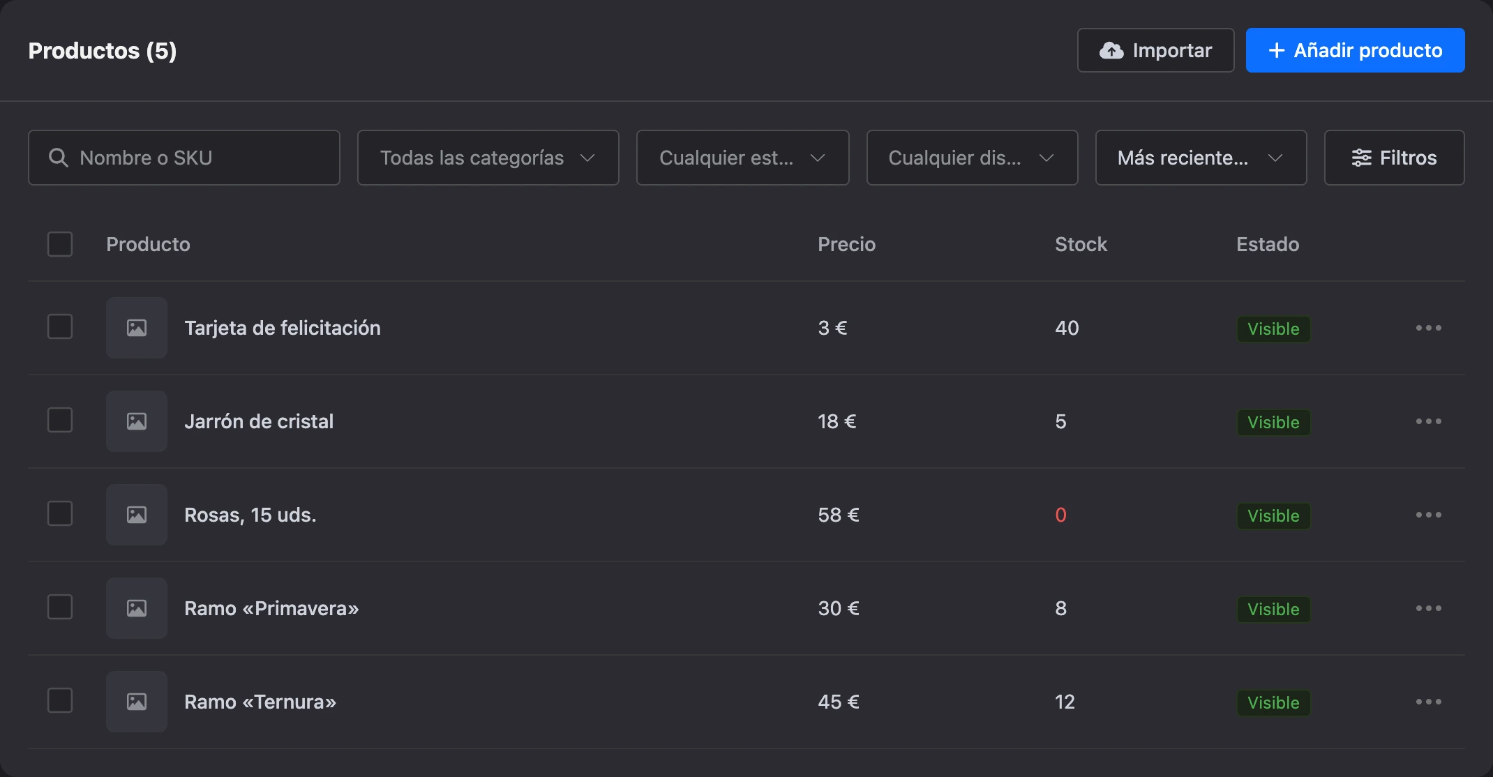 Lista de productos de la tienda: precio, stock y estado