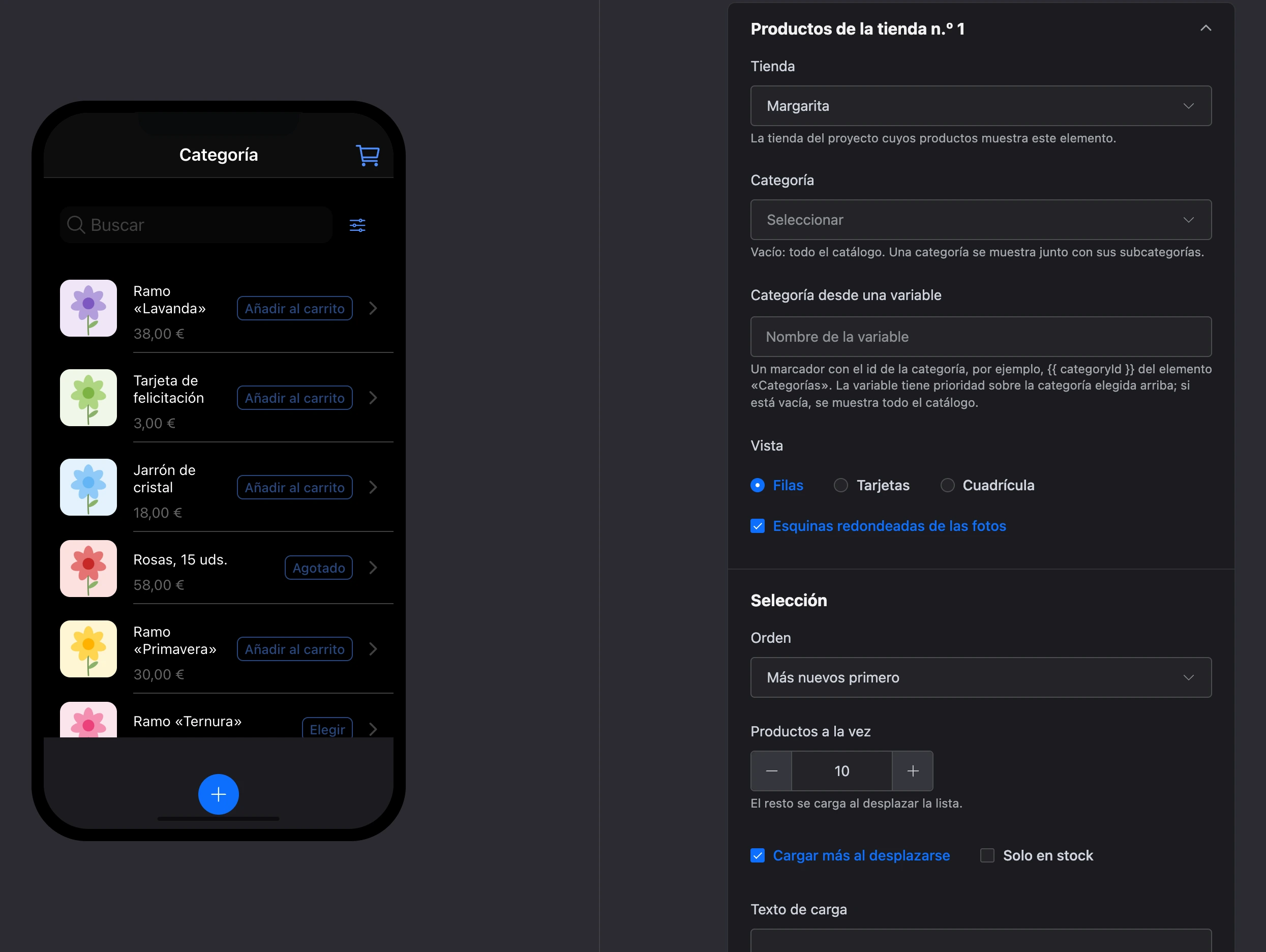 El elemento «Productos de la tienda» en el constructor de mini apps