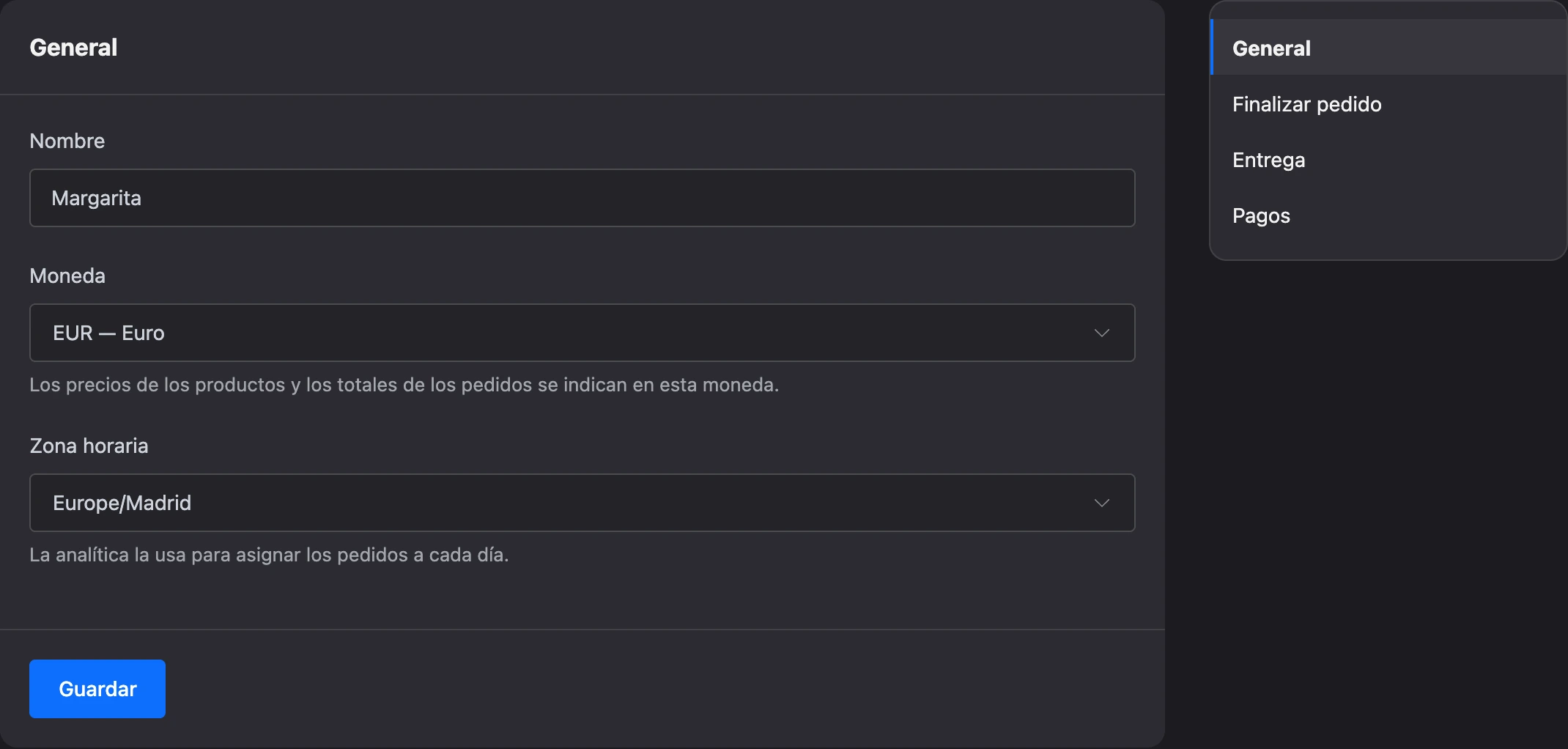 Configuración general de la tienda