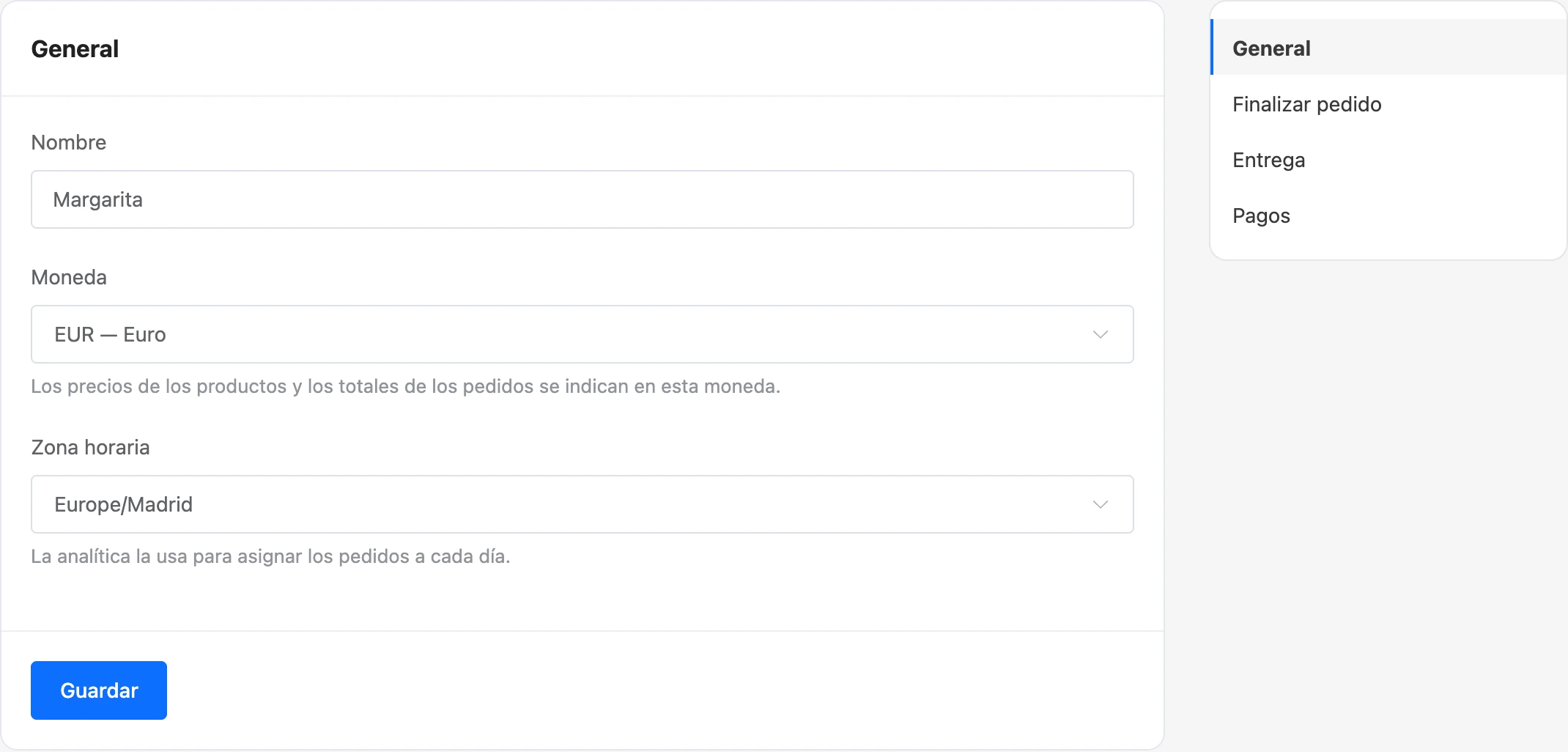 Configuración general de la tienda