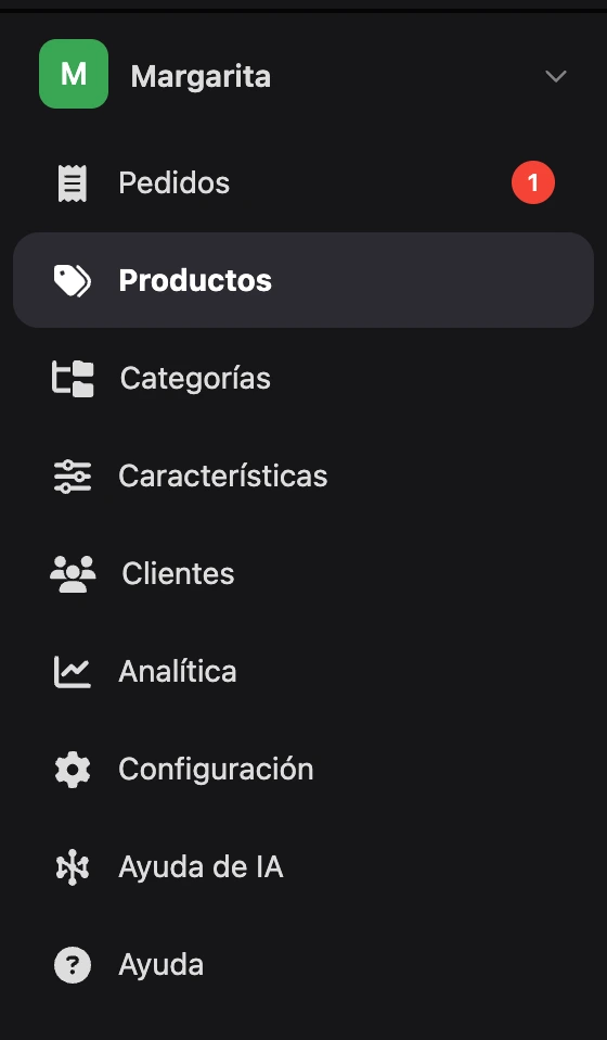 Menú de la tienda