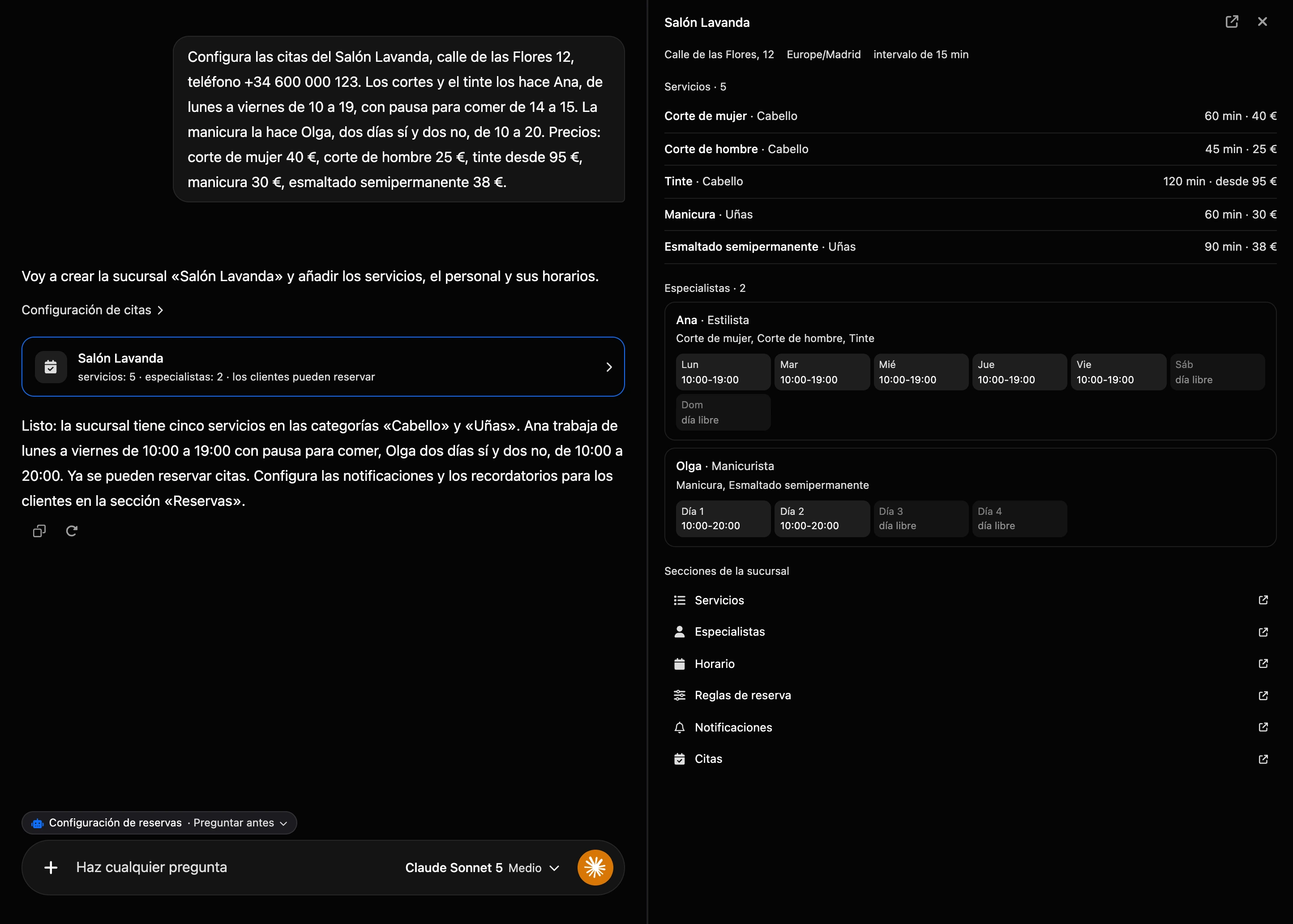 Configuración en el chat de IA: la tarjeta de la sucursal en la conversación y el resumen de la sucursal a la derecha