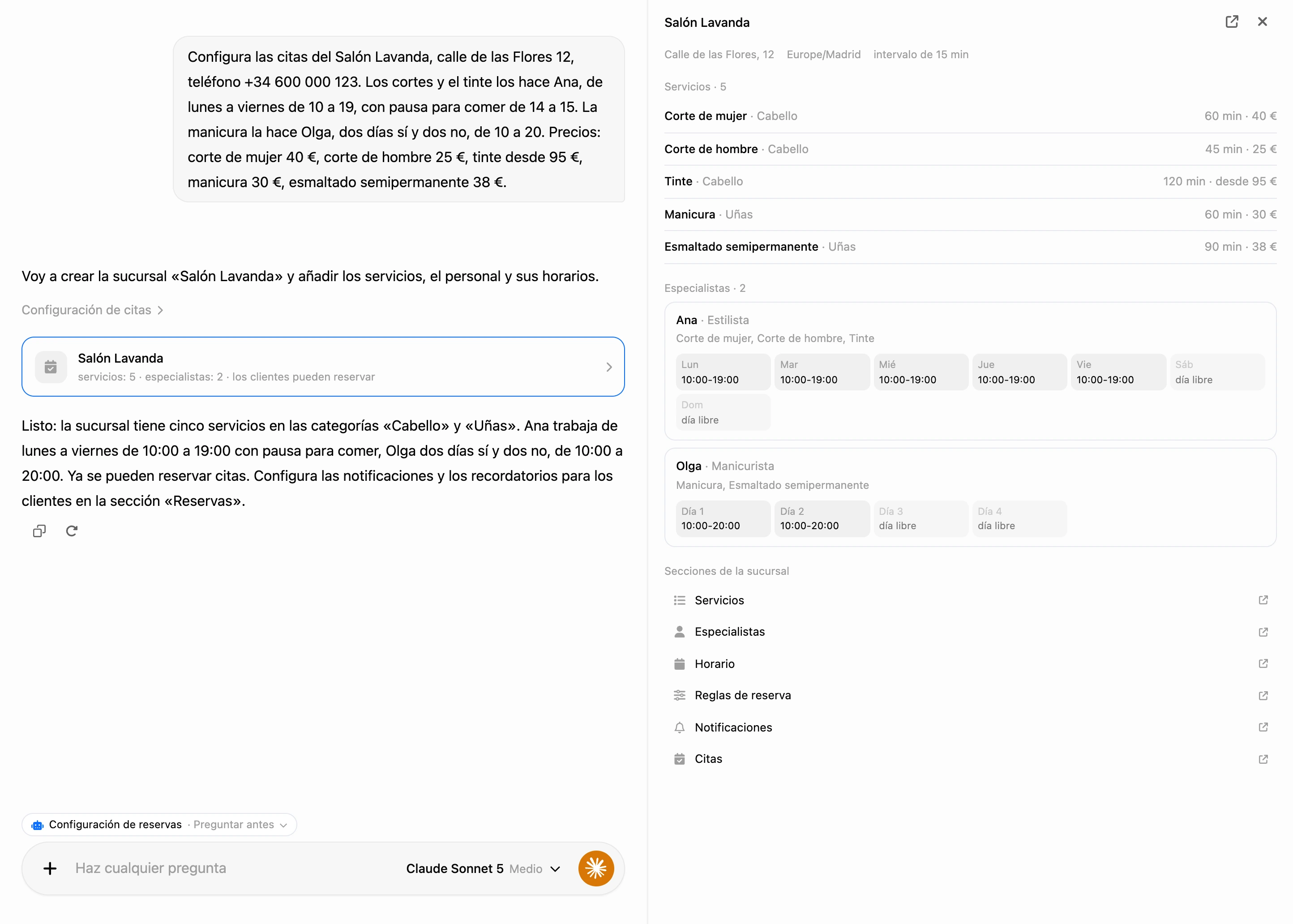 Configuración en el chat de IA: la tarjeta de la sucursal en la conversación y el resumen de la sucursal a la derecha