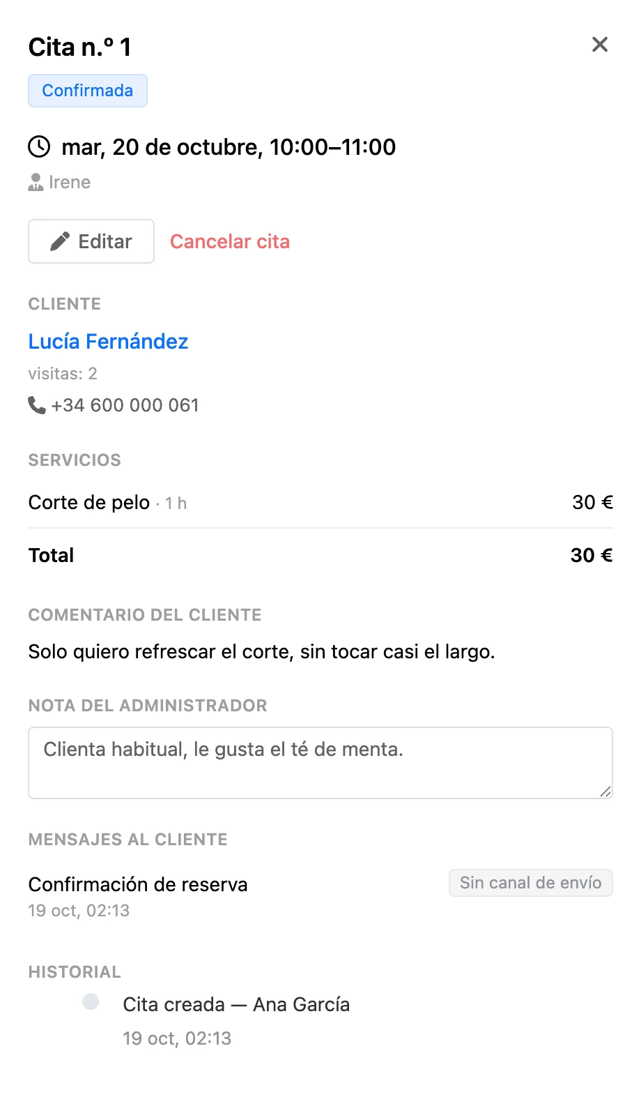 Tarjeta de la cita