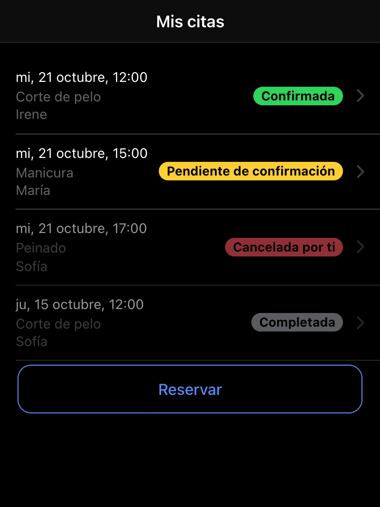 Mis citas: estados de las citas del cliente