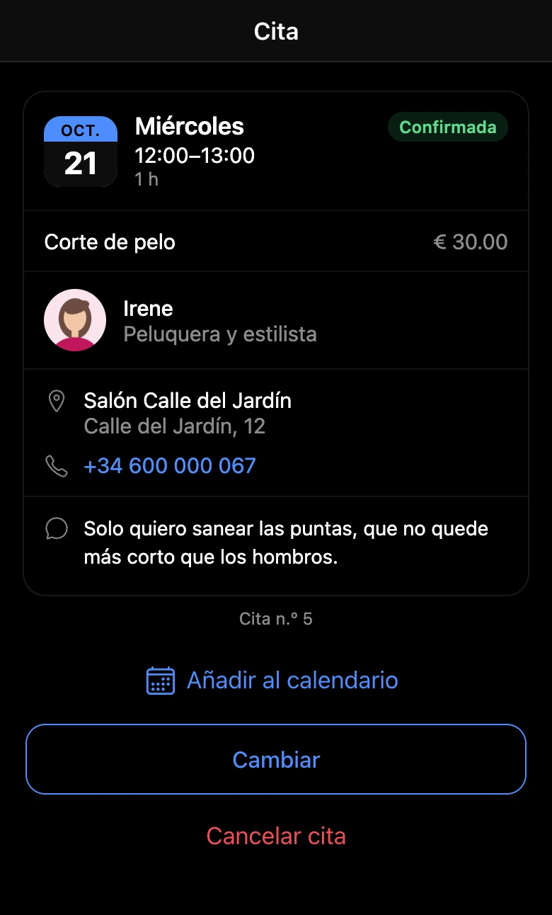 Tarjeta de una cita próxima con el botón «Añadir al calendario»