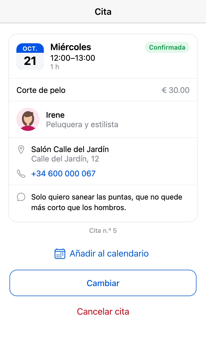 Tarjeta de una cita próxima con el botón «Añadir al calendario»