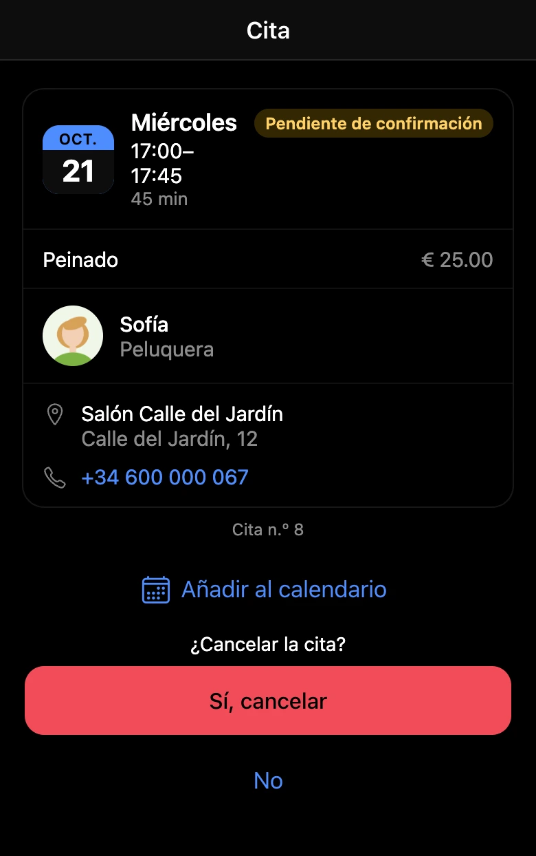 Tarjeta de la cita: la app vuelve a preguntar antes de cancelar