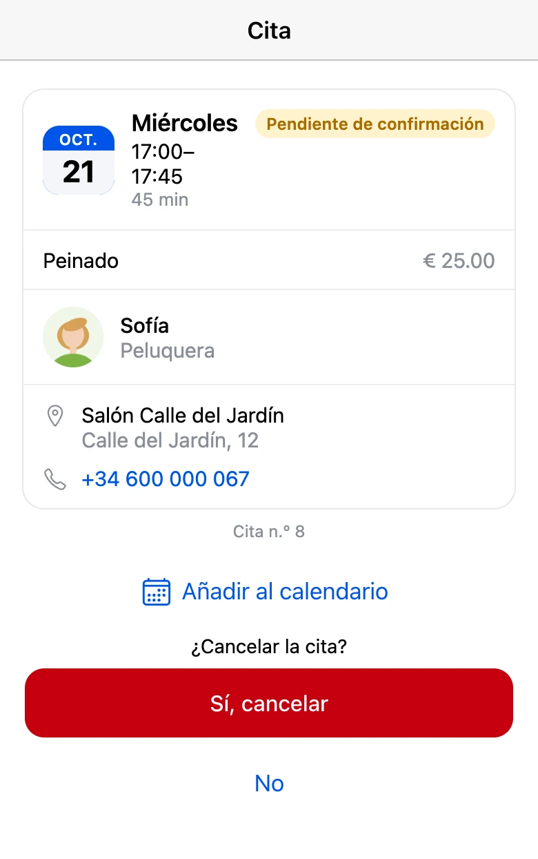 Tarjeta de la cita: la app vuelve a preguntar antes de cancelar
