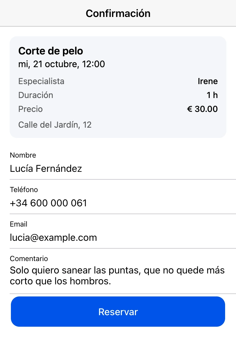 Confirmar reserva en la mini app: nombre, teléfono, email y comentario