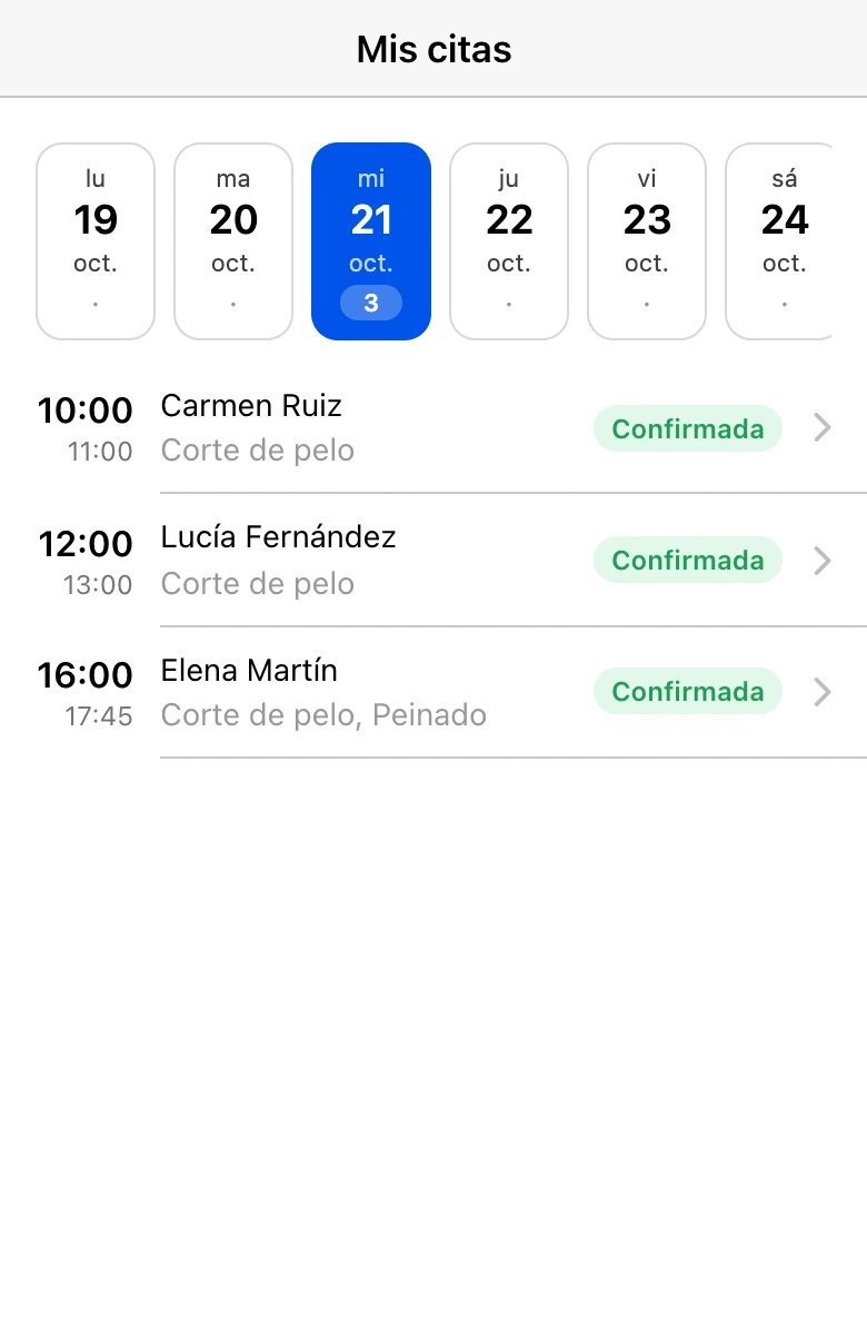 Las citas del día de un especialista en la mini app