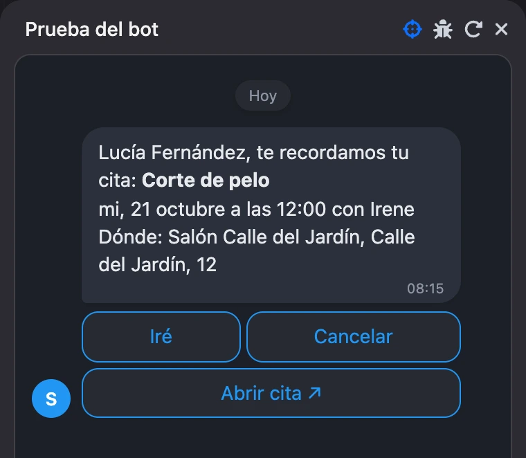 Recordatorio de cita con el botón «Abrir cita»
