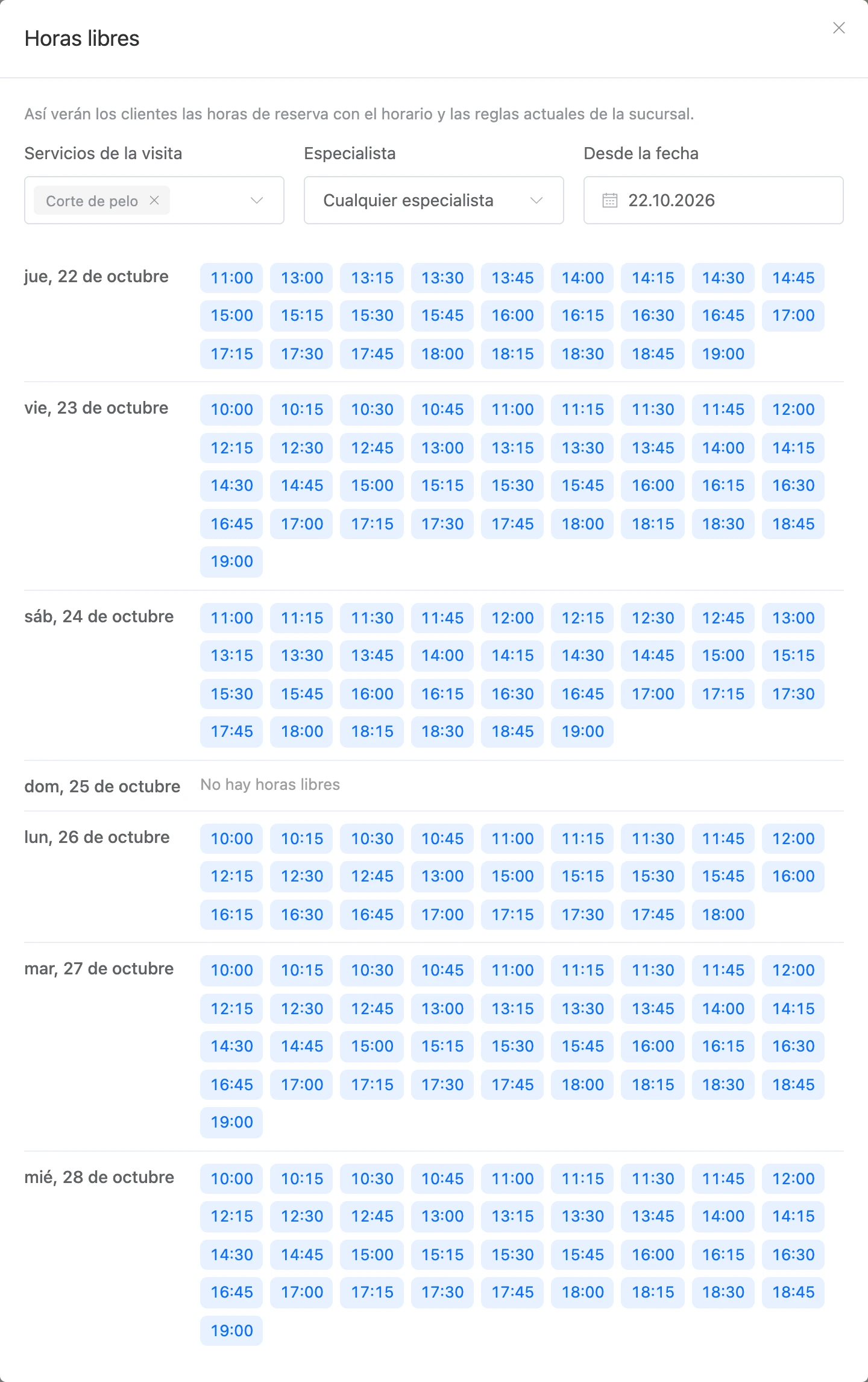 La ventana «Horas libres» del horario