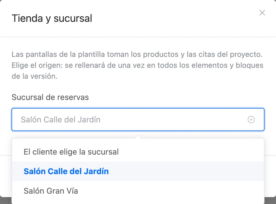 La ventana «Tienda y sucursal»: elegir la sucursal de reservas