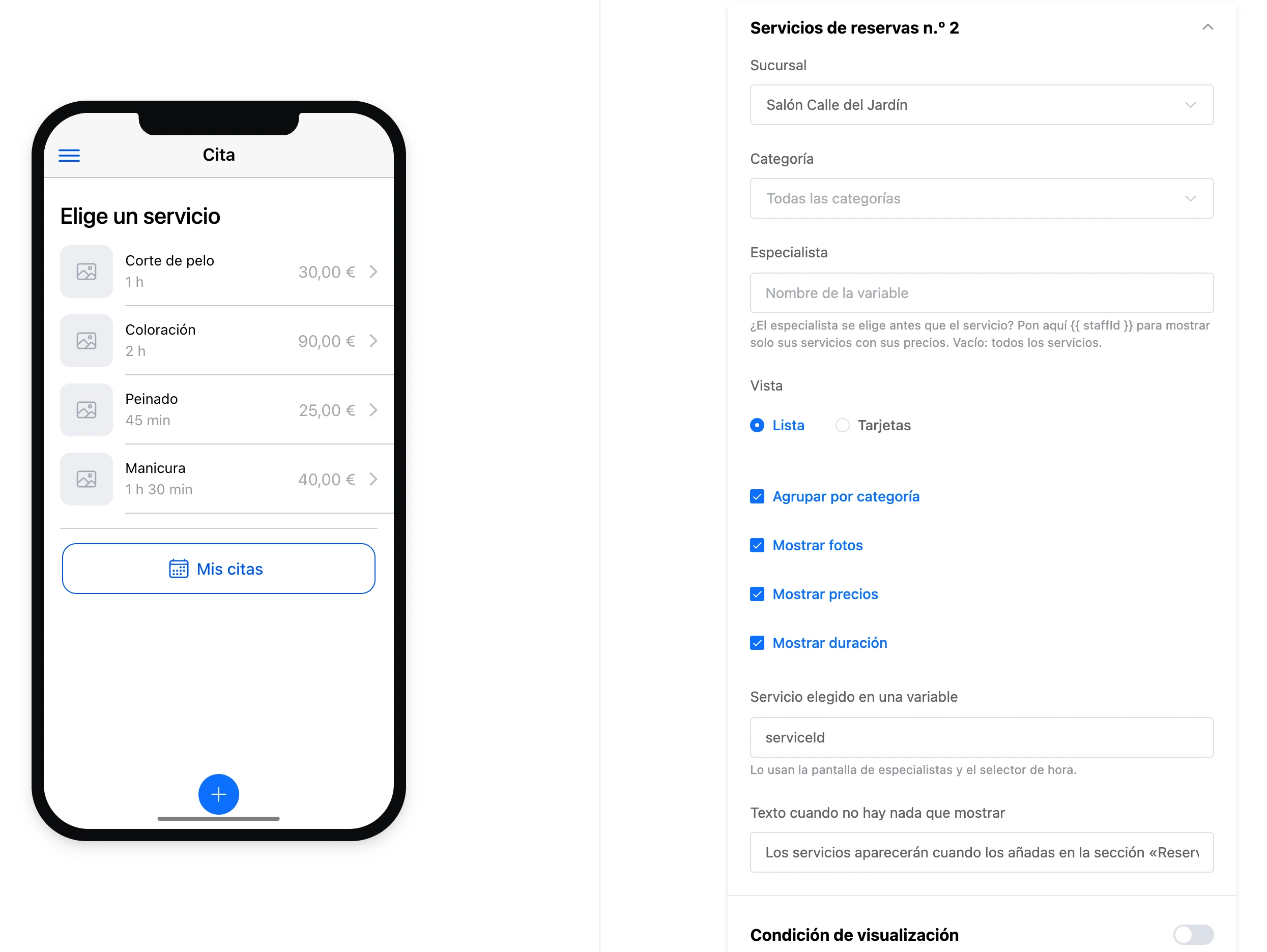 El elemento «Servicios de reservas» en el editor de la mini app