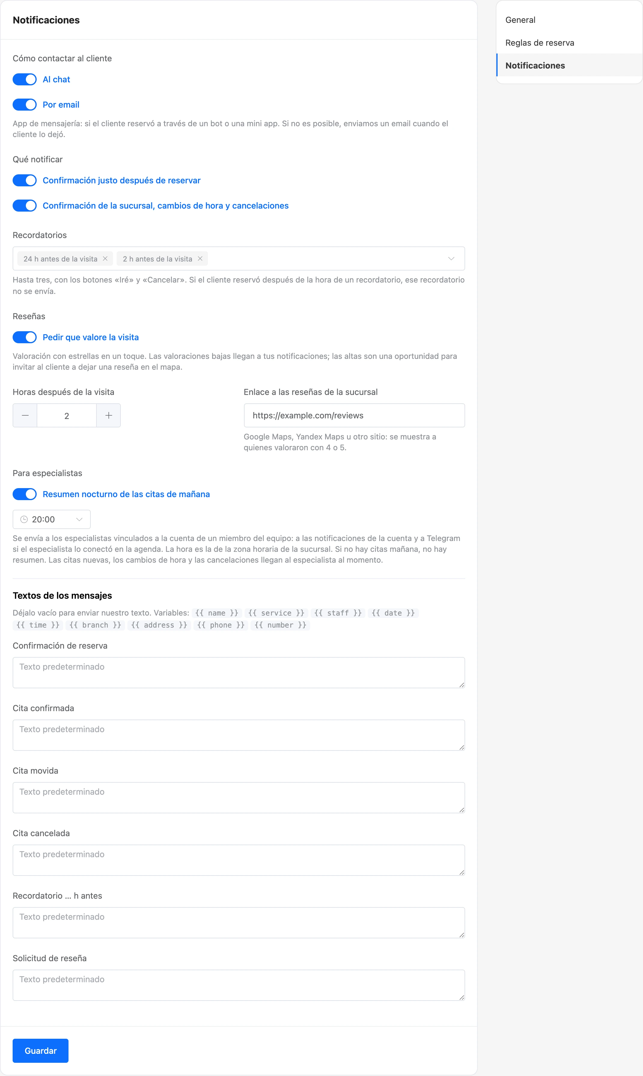 Configuración de las notificaciones de la sucursal