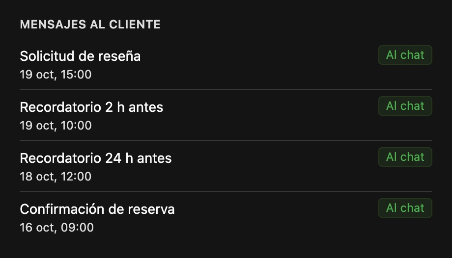 El bloque «Mensajes al cliente» en la tarjeta de la cita