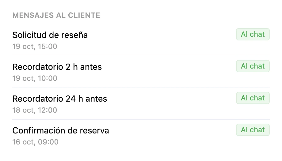 El bloque «Mensajes al cliente» en la tarjeta de la cita
