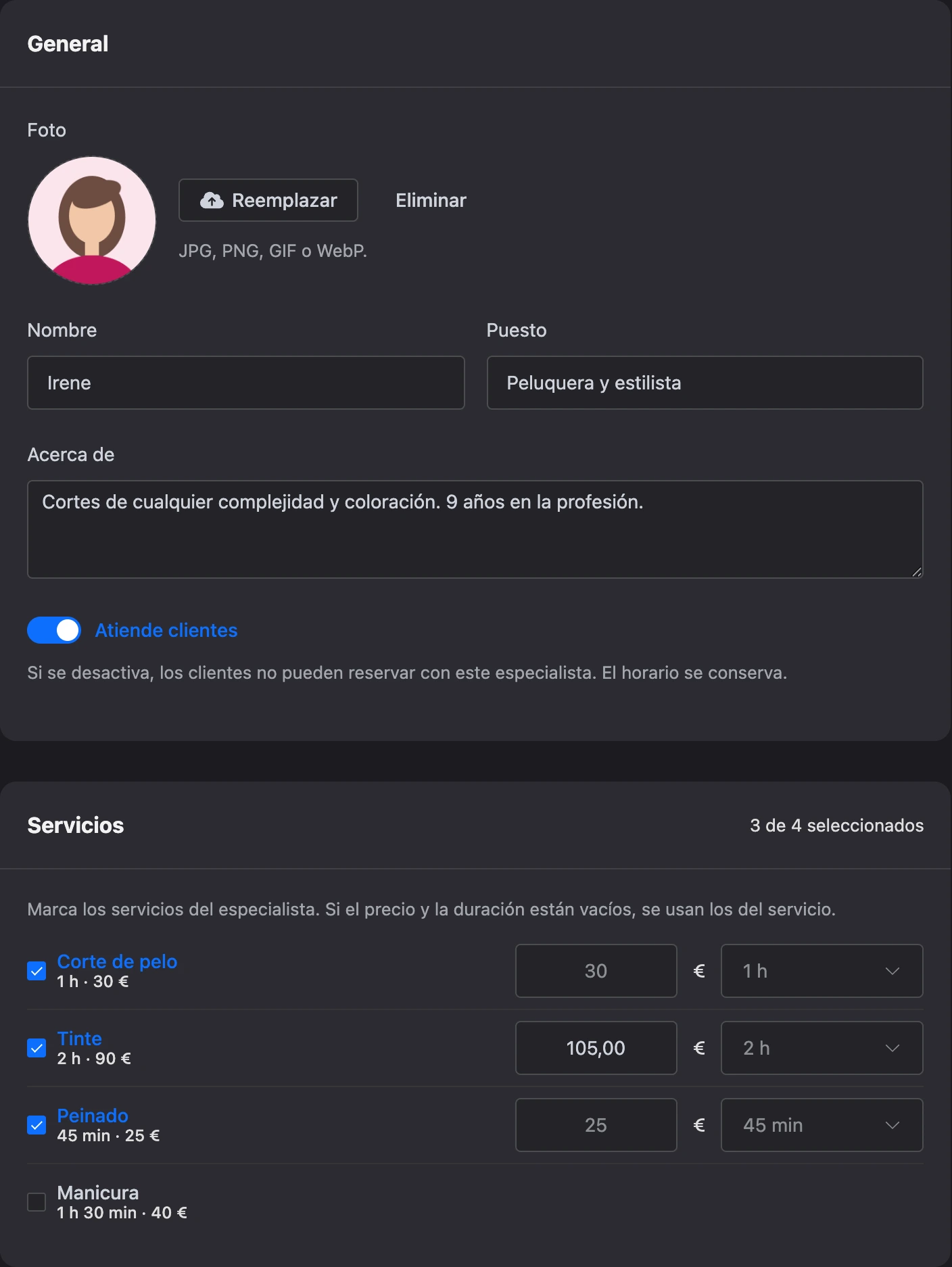 Tarjeta del especialista: datos generales y servicios con precio propio