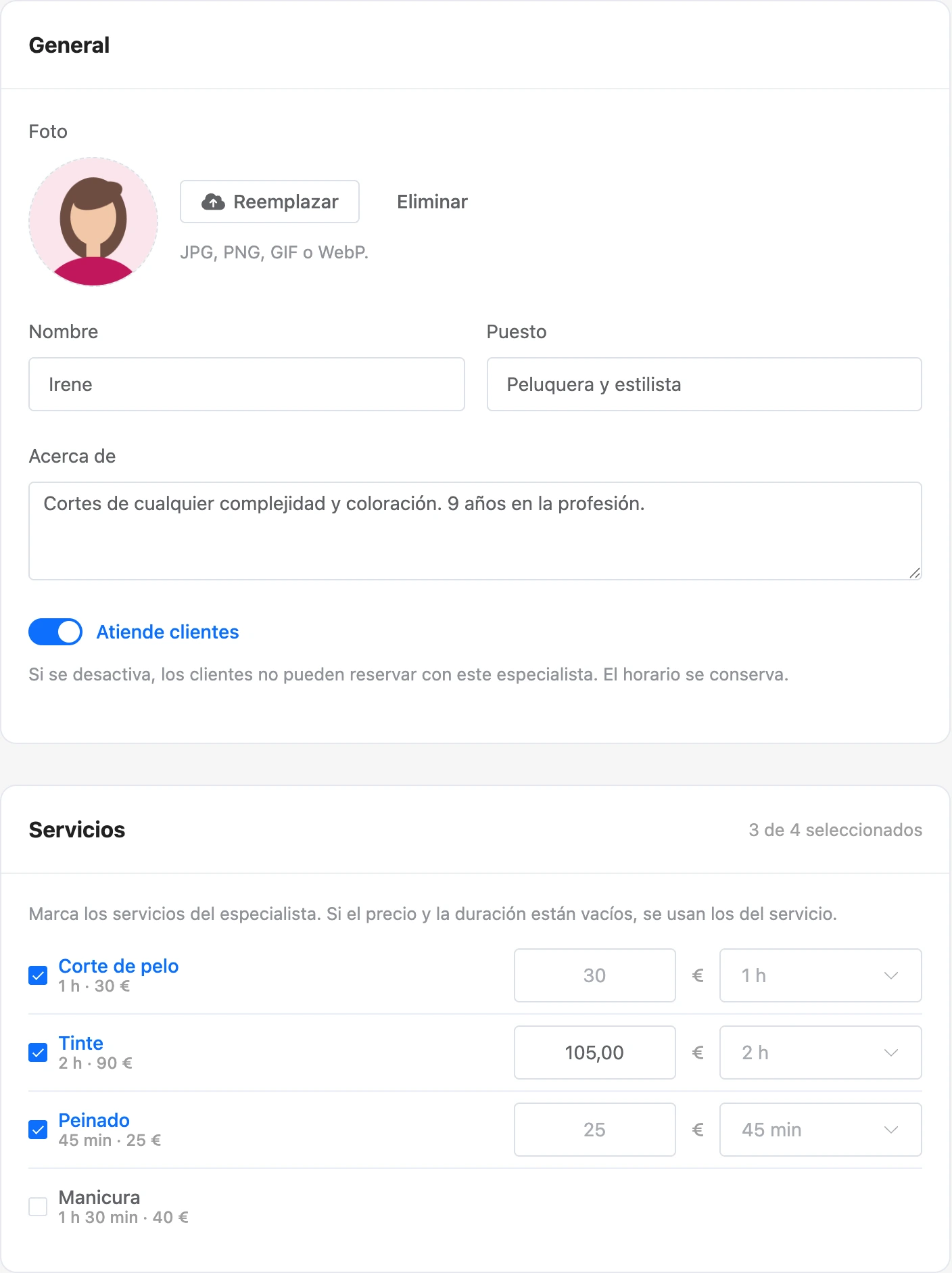 Tarjeta del especialista: datos generales y servicios con precio propio