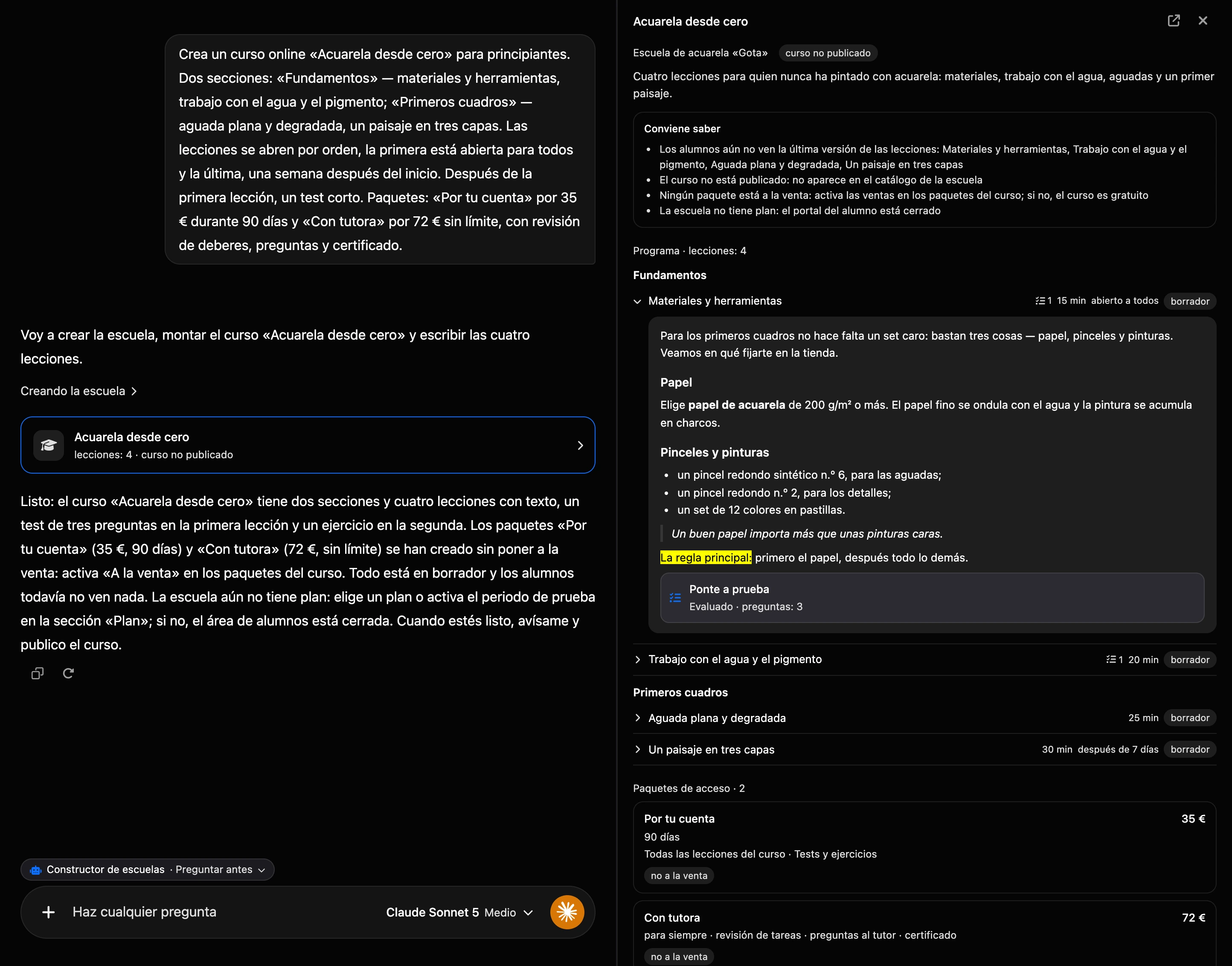 La creación en el chat de IA: la tarjeta del curso en la conversación y el curso a la derecha con una lección abierta