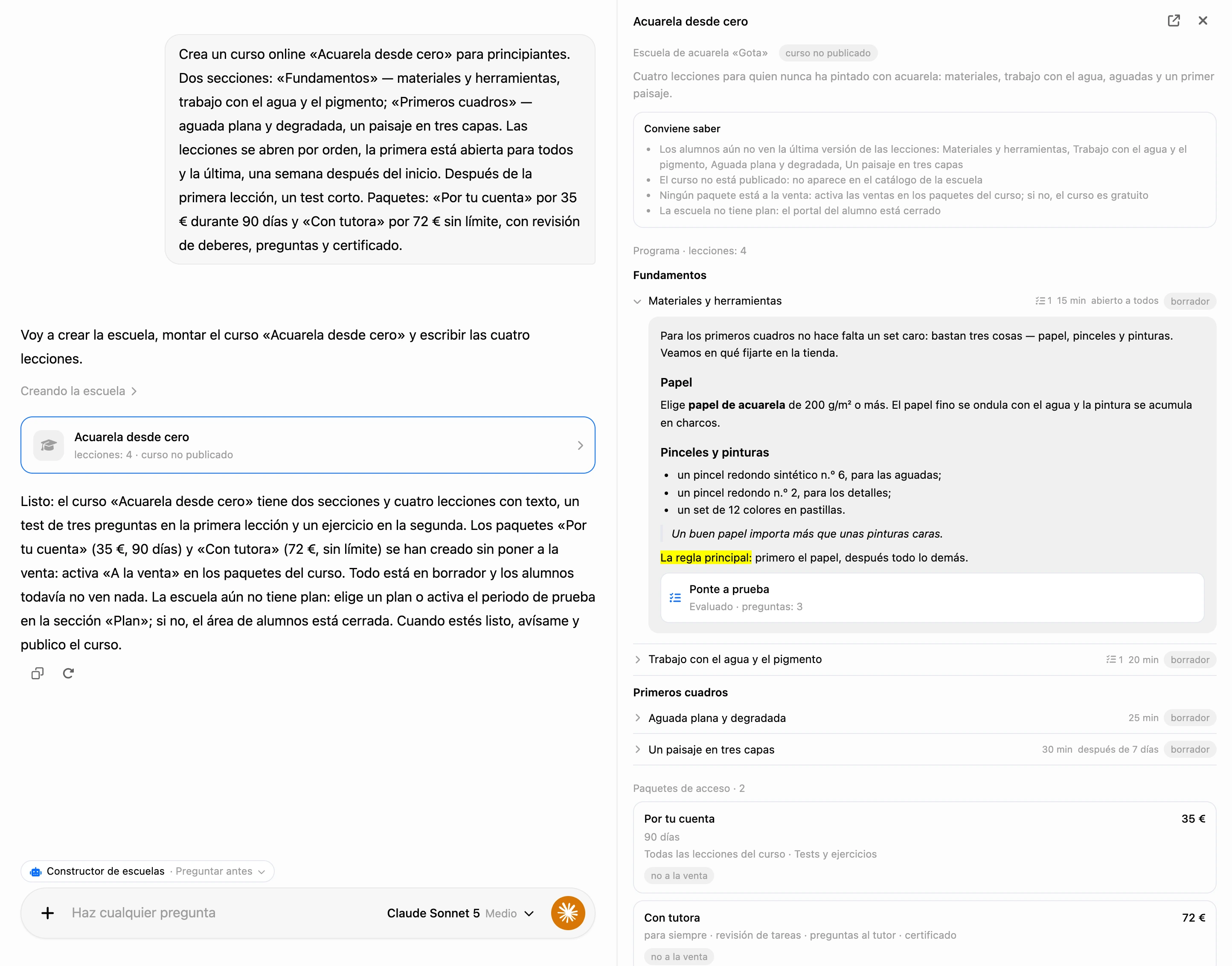 La creación en el chat de IA: la tarjeta del curso en la conversación y el curso a la derecha con una lección abierta