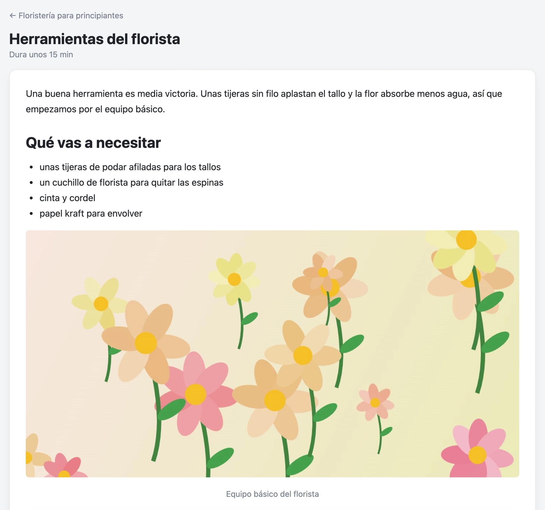 Lección: título, duración y contenido con una imagen