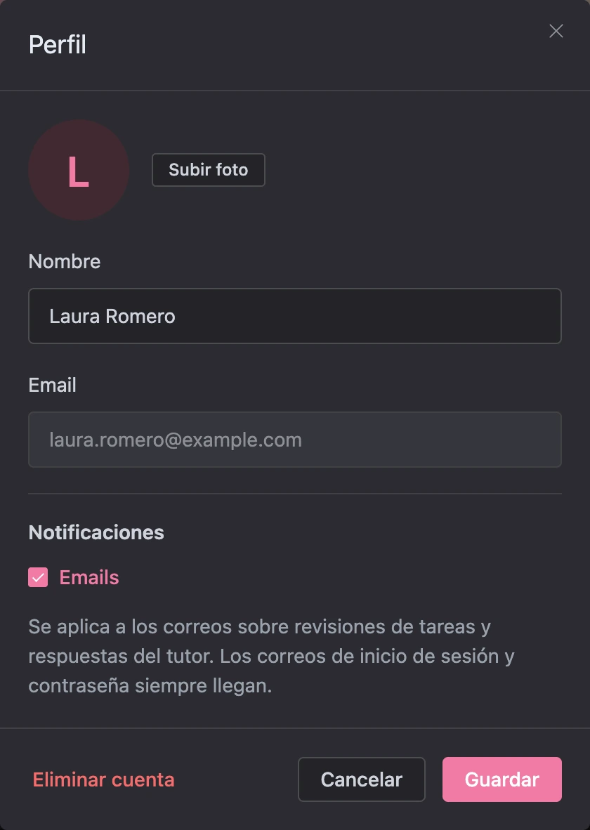 La ventana del perfil del alumno