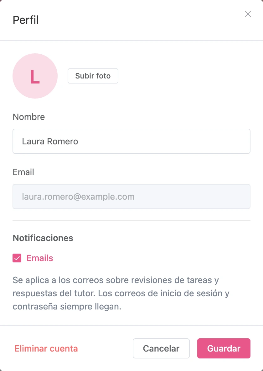 La ventana del perfil del alumno