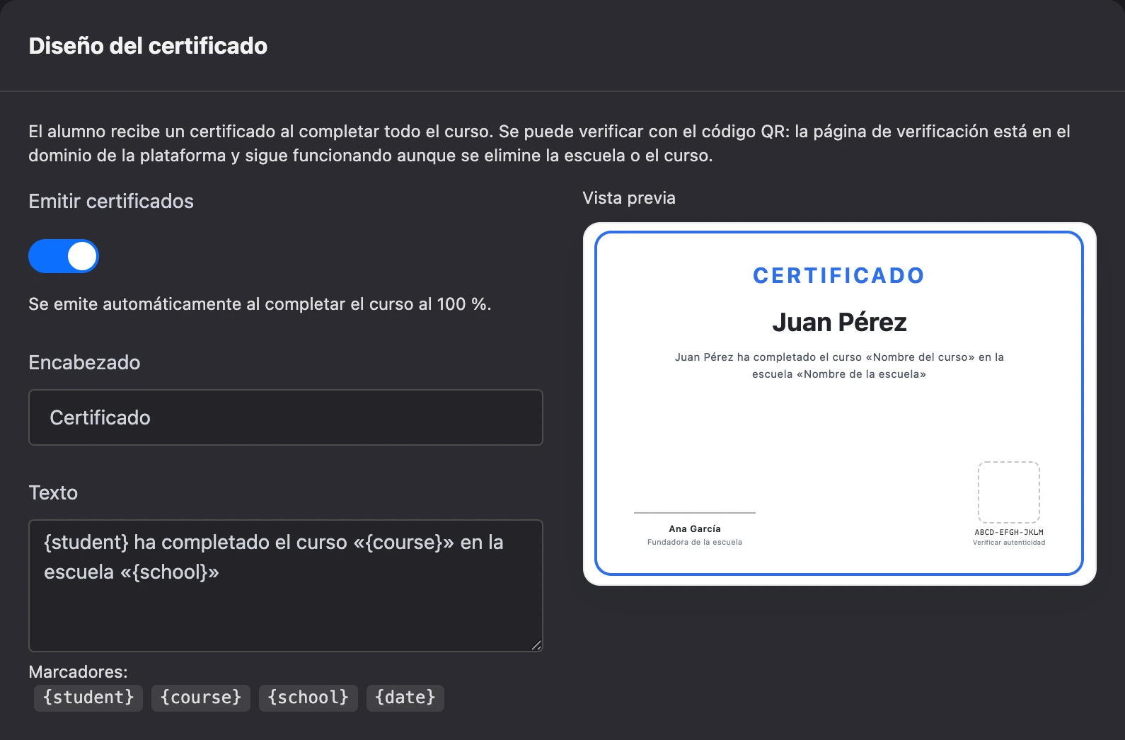 Diseño del certificado y vista previa