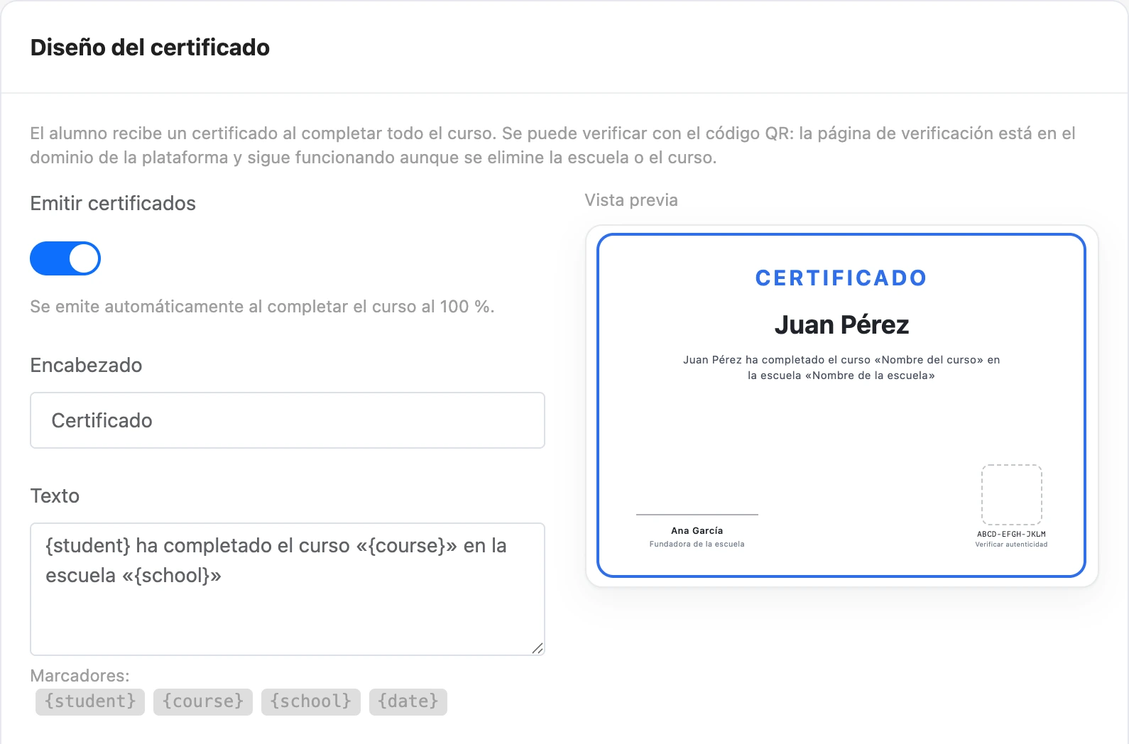 Diseño del certificado y vista previa