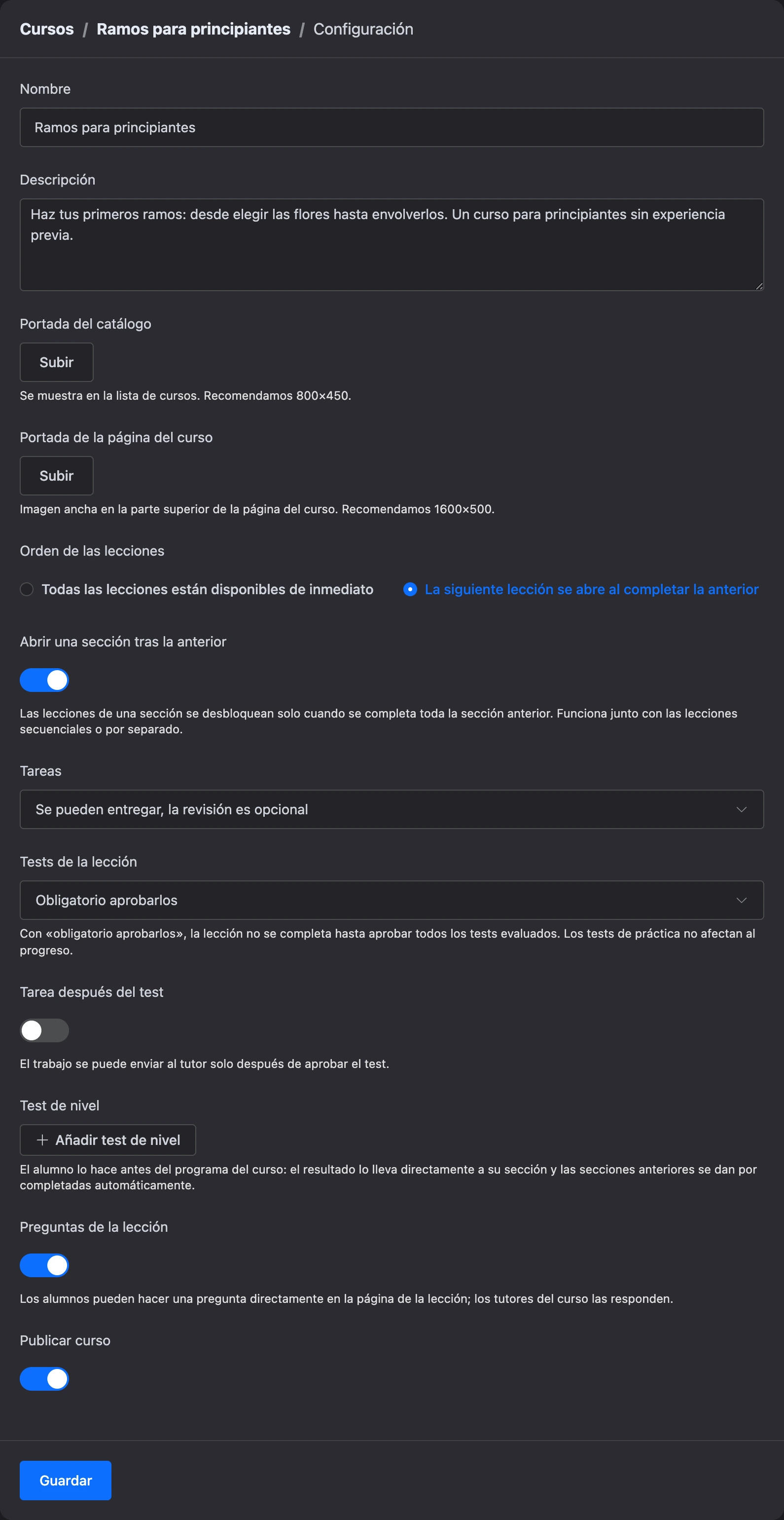 La configuración del curso
