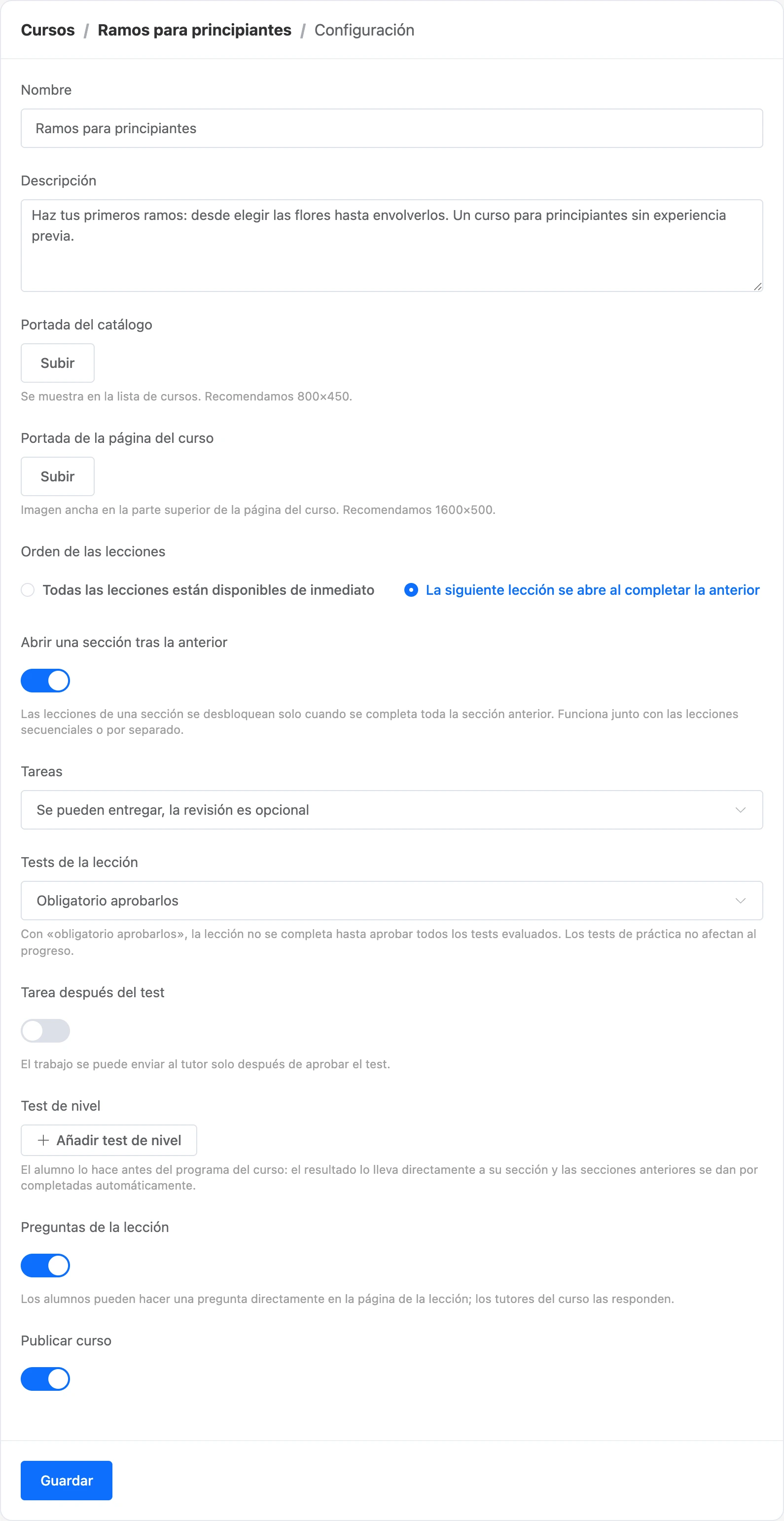 La configuración del curso