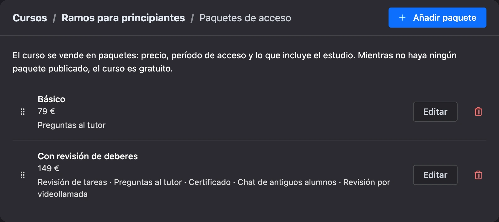 Los paquetes de acceso de un curso